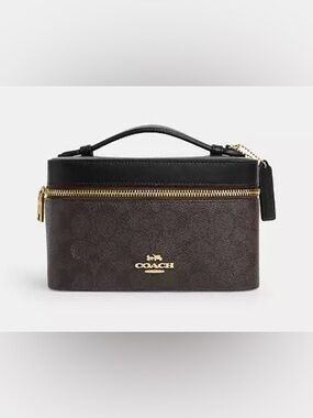 Coach Cosmetic Case In Brown Signature Canvas and Black Leather Trim - NWT